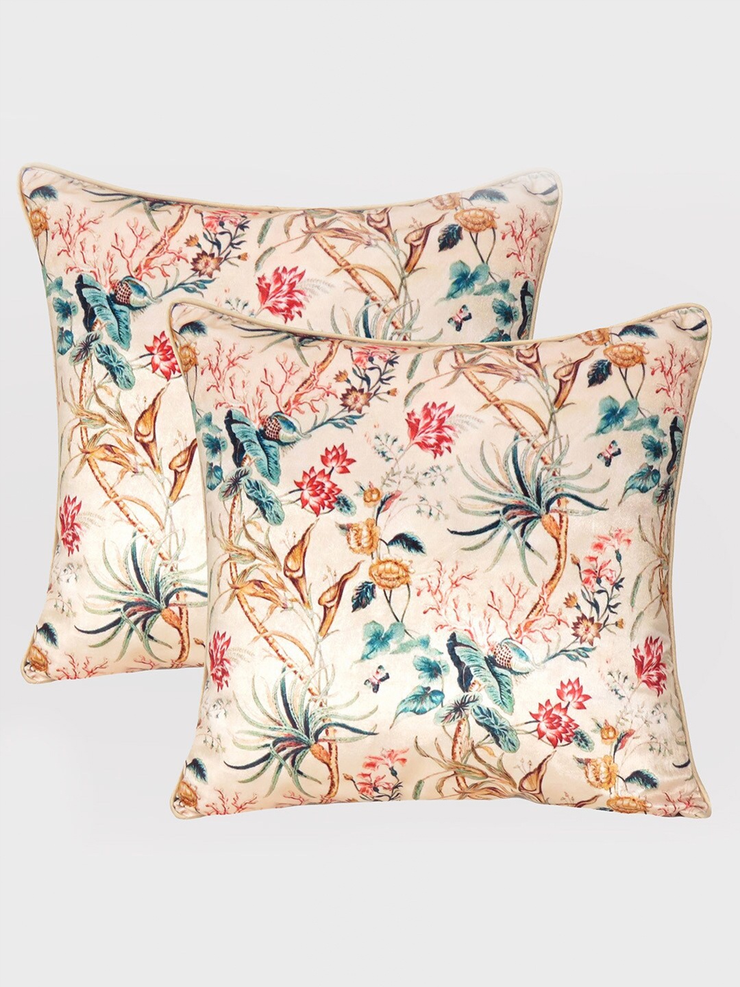 

OUSSUM Beige & Pink Set of 2 Floral Velvet Square Cushion Covers