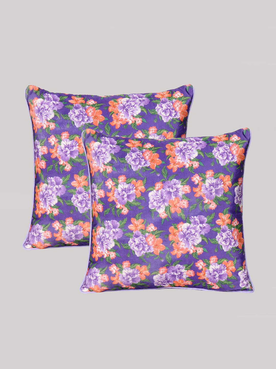 

OUSSUM Purple & Orange Set of 2 Floral Velvet Square Cushion Covers