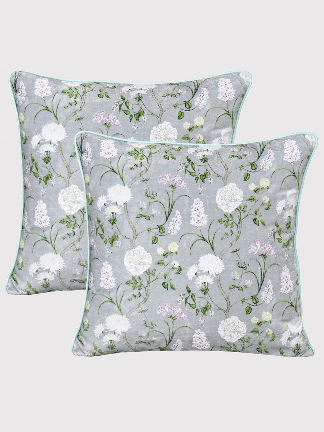 

OUSSUM Grey & Green Set of 2 Floral Velvet Square Cushion Covers