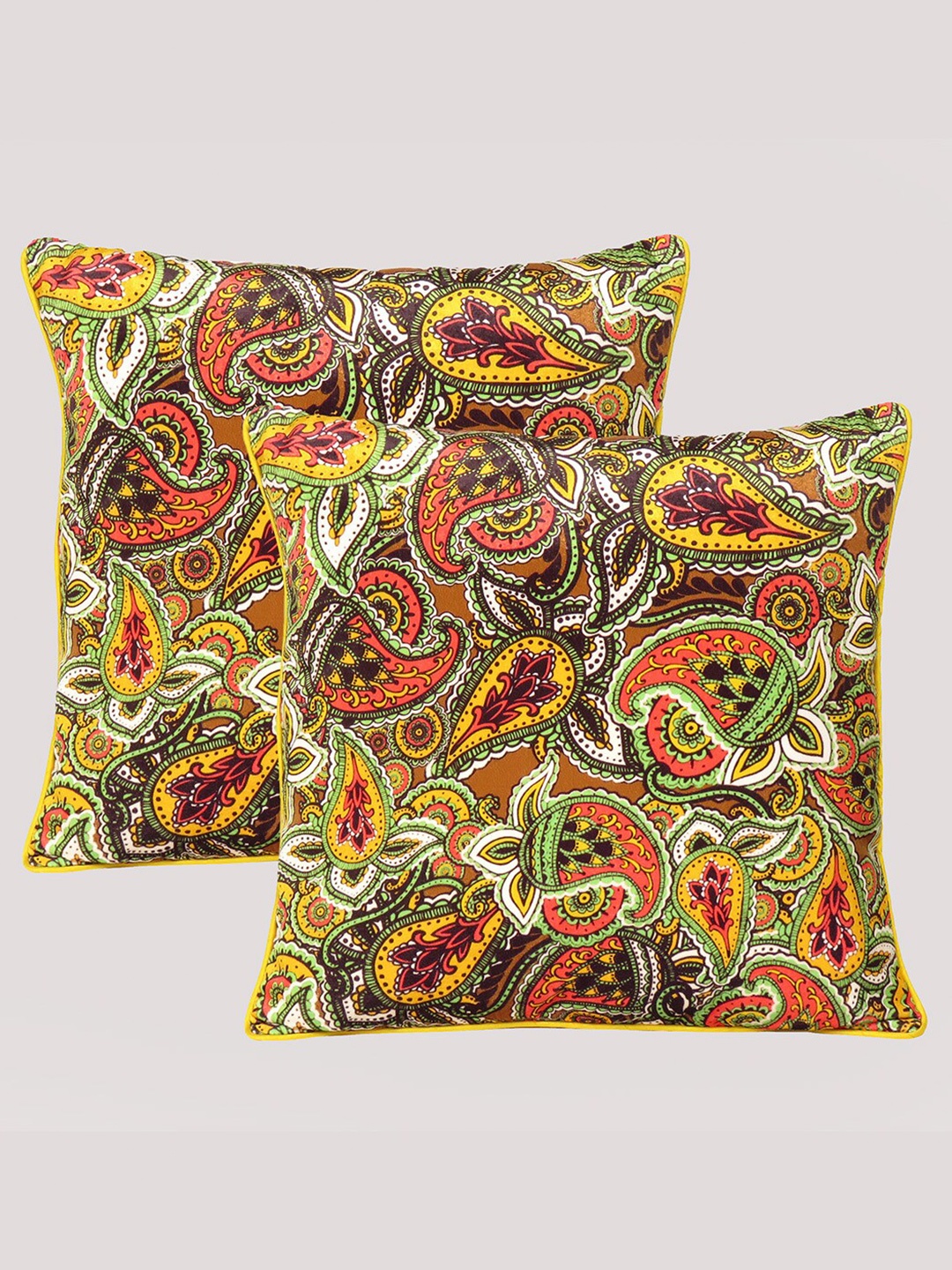 

OUSSUM Set of 2 Ethnic Motifs Velvet Square Cushion Covers, Yellow