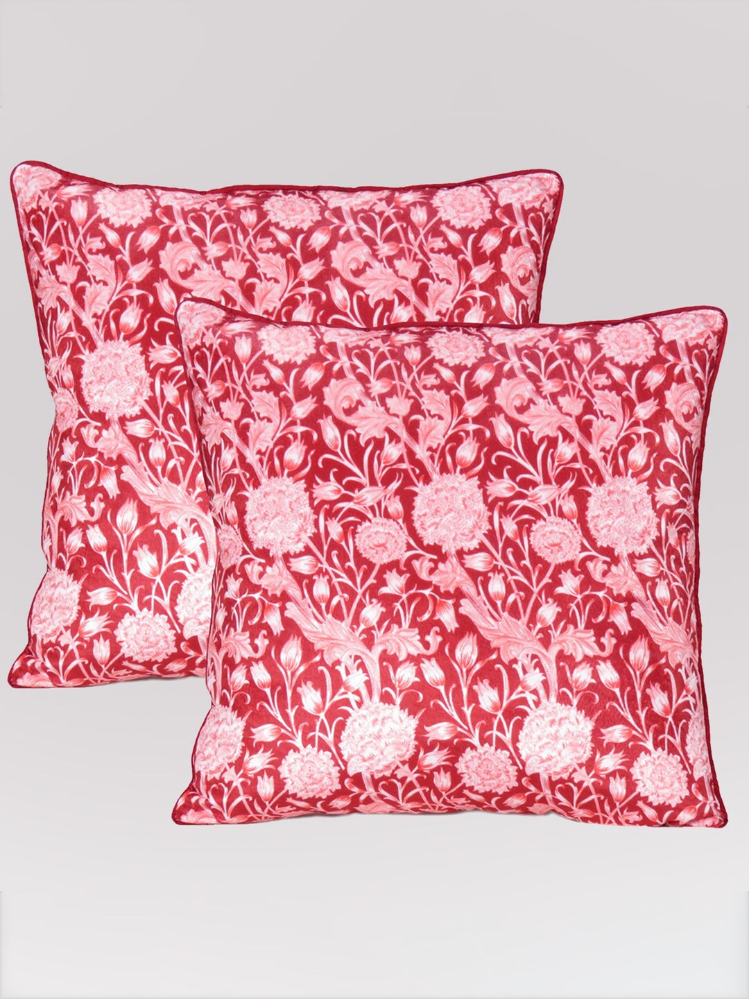 

OUSSUM Red & White Set of 2 Floral Velvet Square Cushion Covers