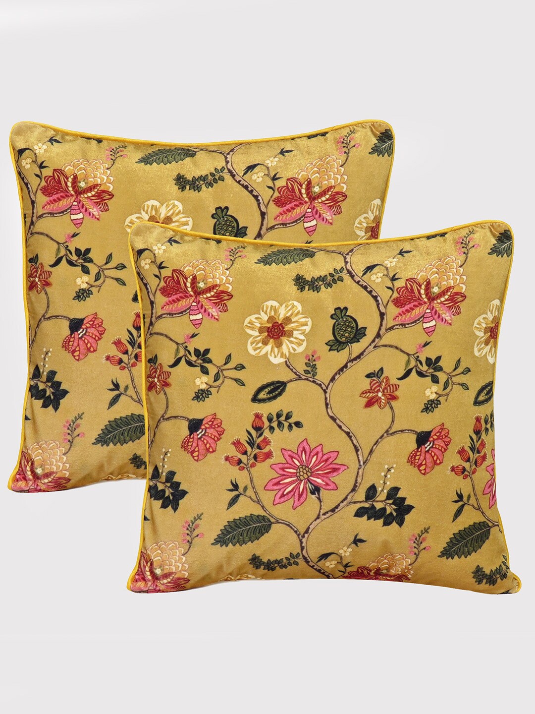 

OUSSUM Set of 2 Floral Velvet Square Cushion Covers, Yellow