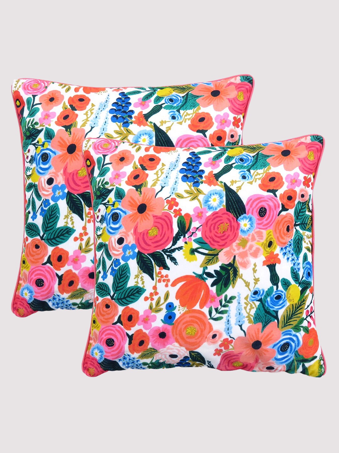 

OUSSUM White & Red Set of 2 Floral Velvet Square Cushion Covers