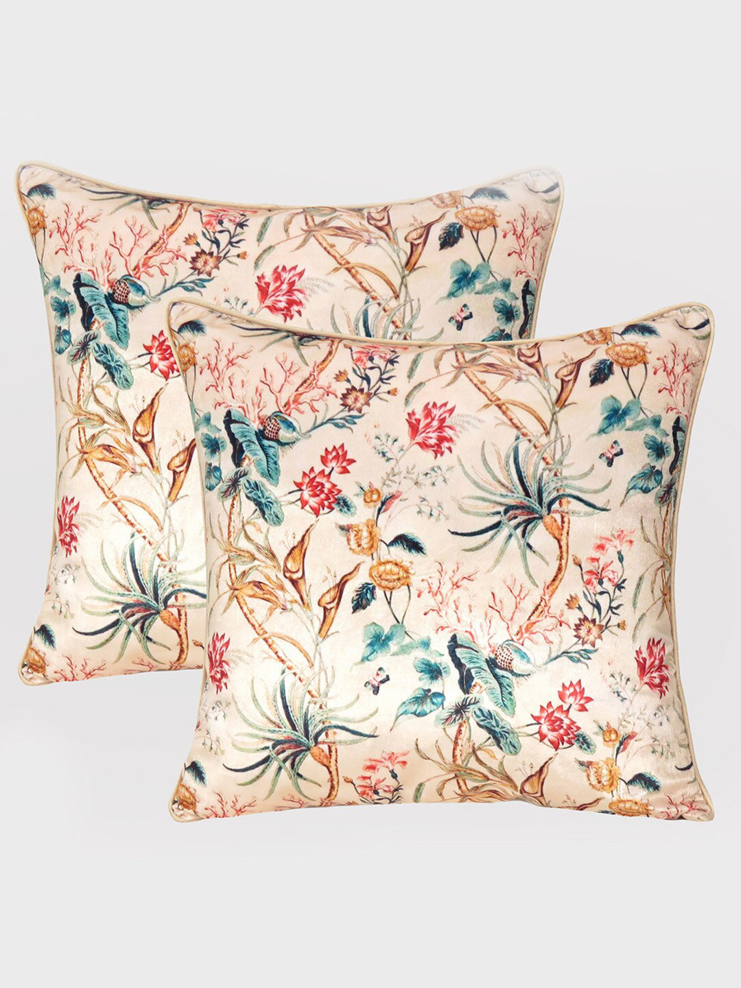 

OUSSUM Set of 2 Floral Velvet Square Cushion Covers, Beige