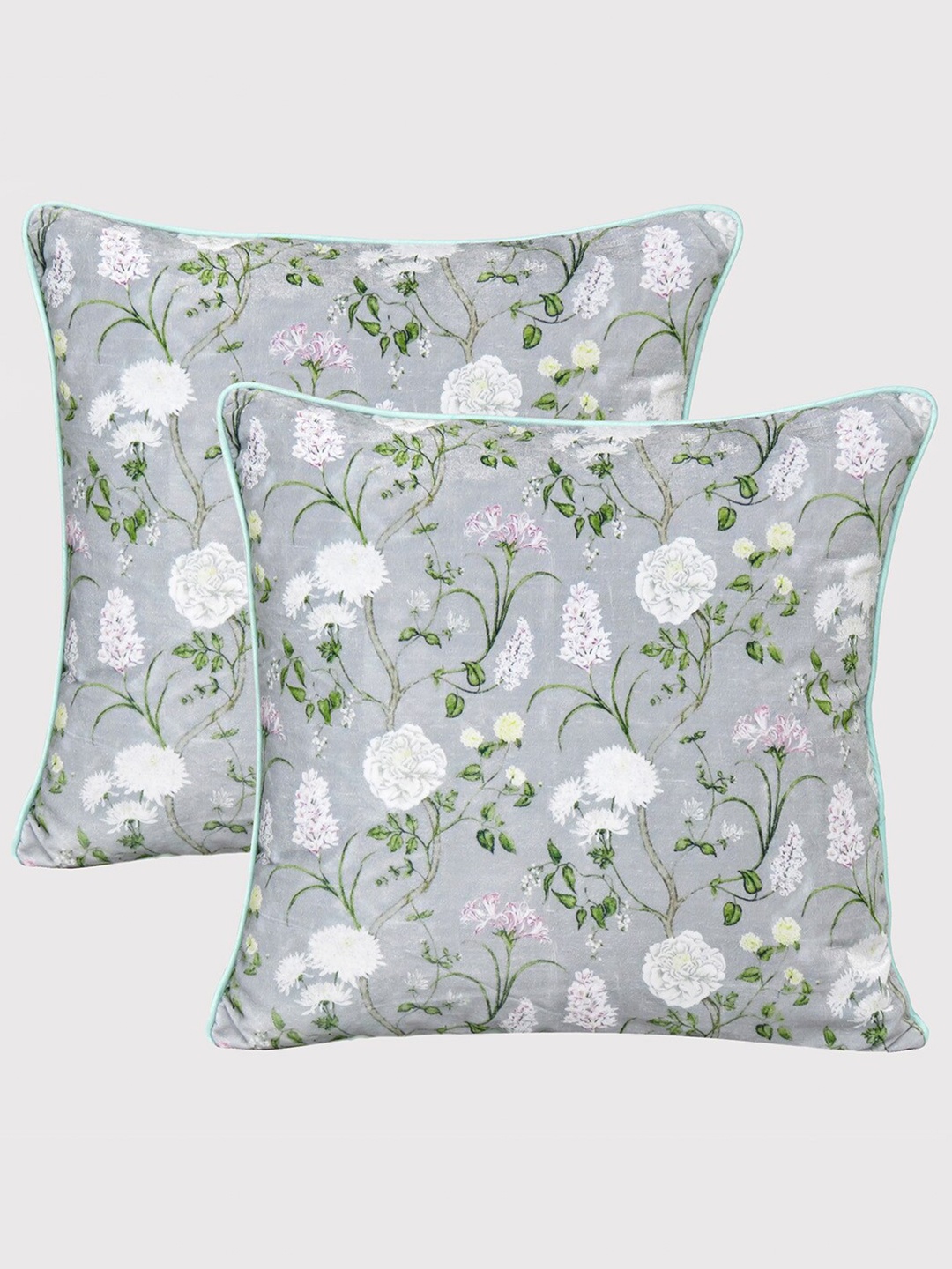 

OUSSUM Set of 2 Floral Velvet Square Cushion Covers, Grey