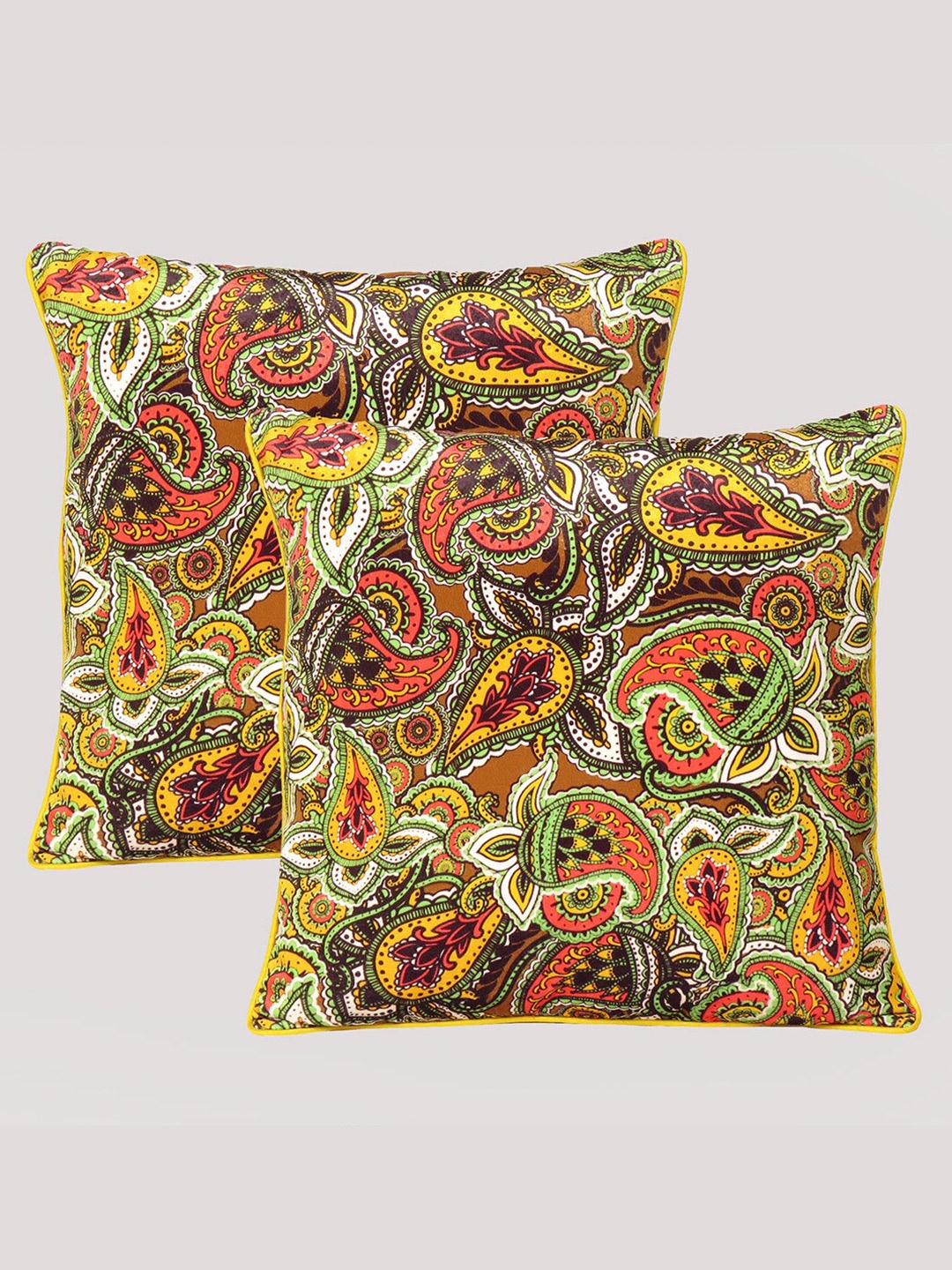 

OUSSUM Set of 2 Ethnic Motifs Velvet Square Cushion Covers, Yellow