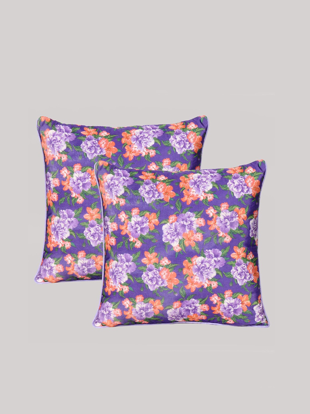 

OUSSUM Purple & Peach-Coloured Set of 2 Floral Velvet Square Cushion Covers