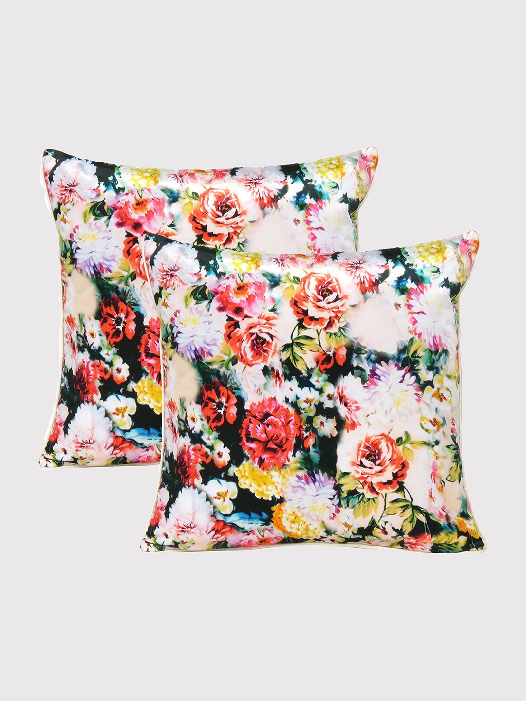 

OUSSUM White & Red Set of 2 Floral Velvet Square Cushion Covers