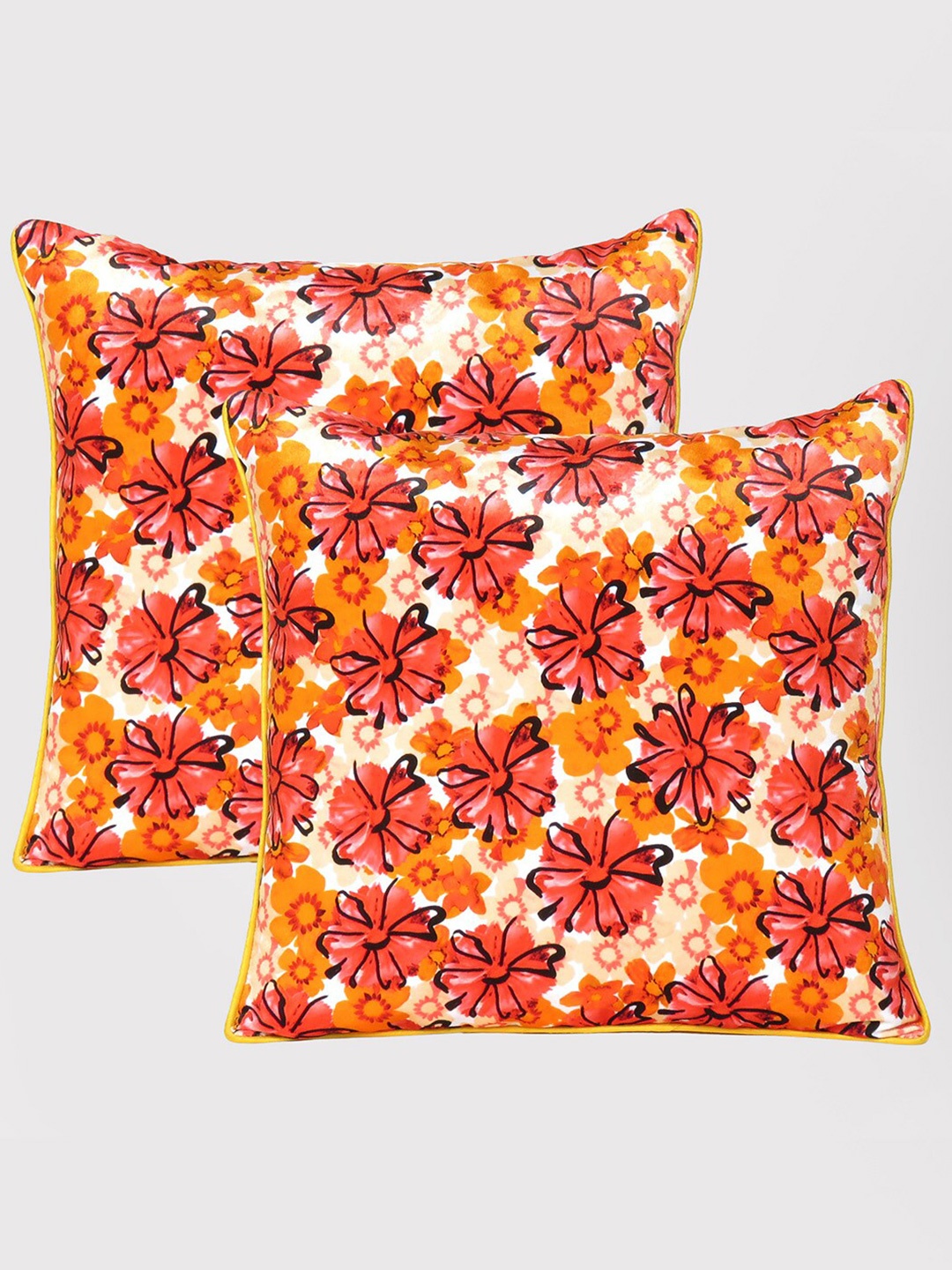 

OUSSUM Yellow & Red Set of 2 Floral Velvet Square Cushion Covers