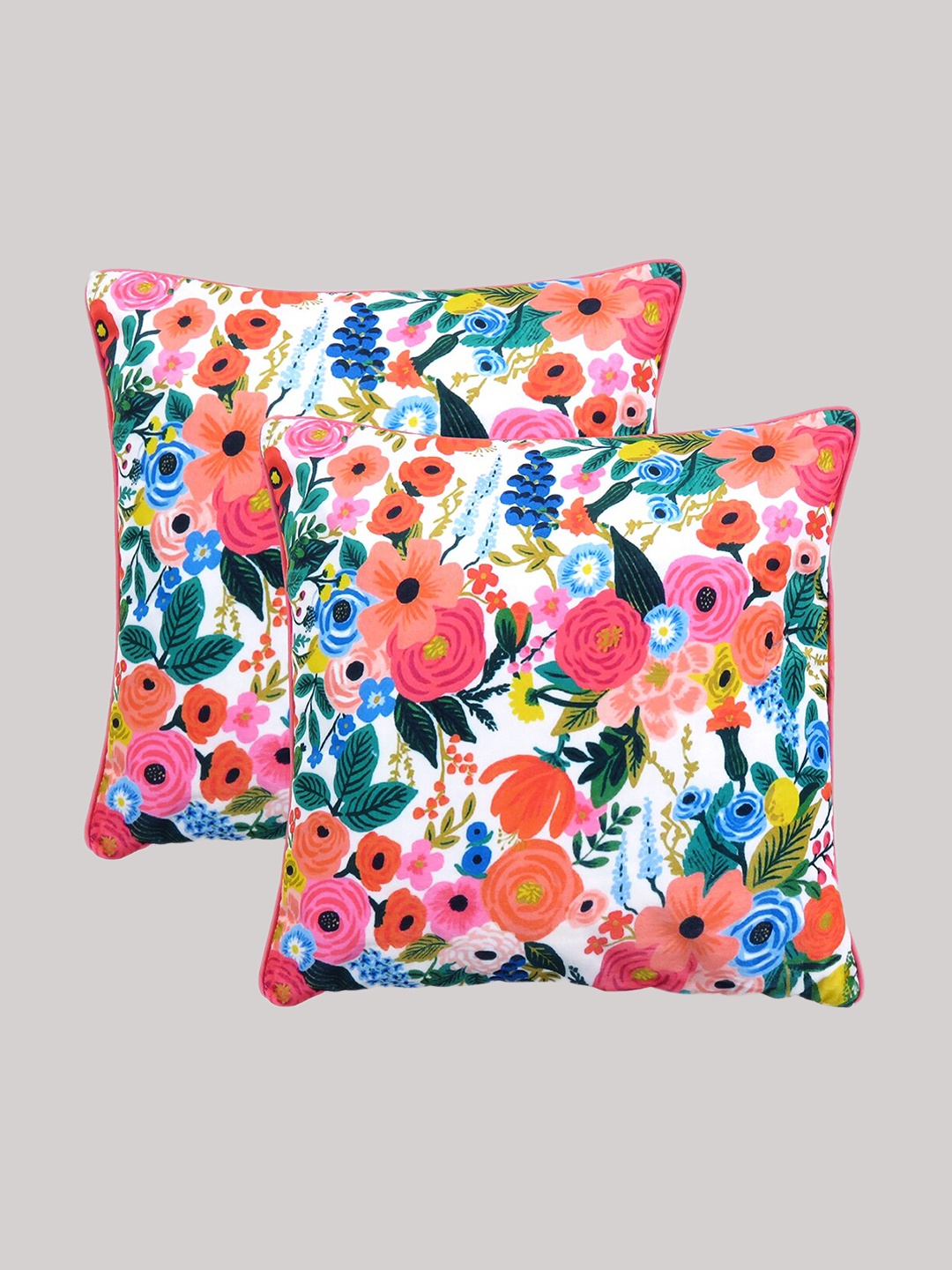 

OUSSUM Off White & Pink Set of 2 Floral Velvet Square Cushion Covers
