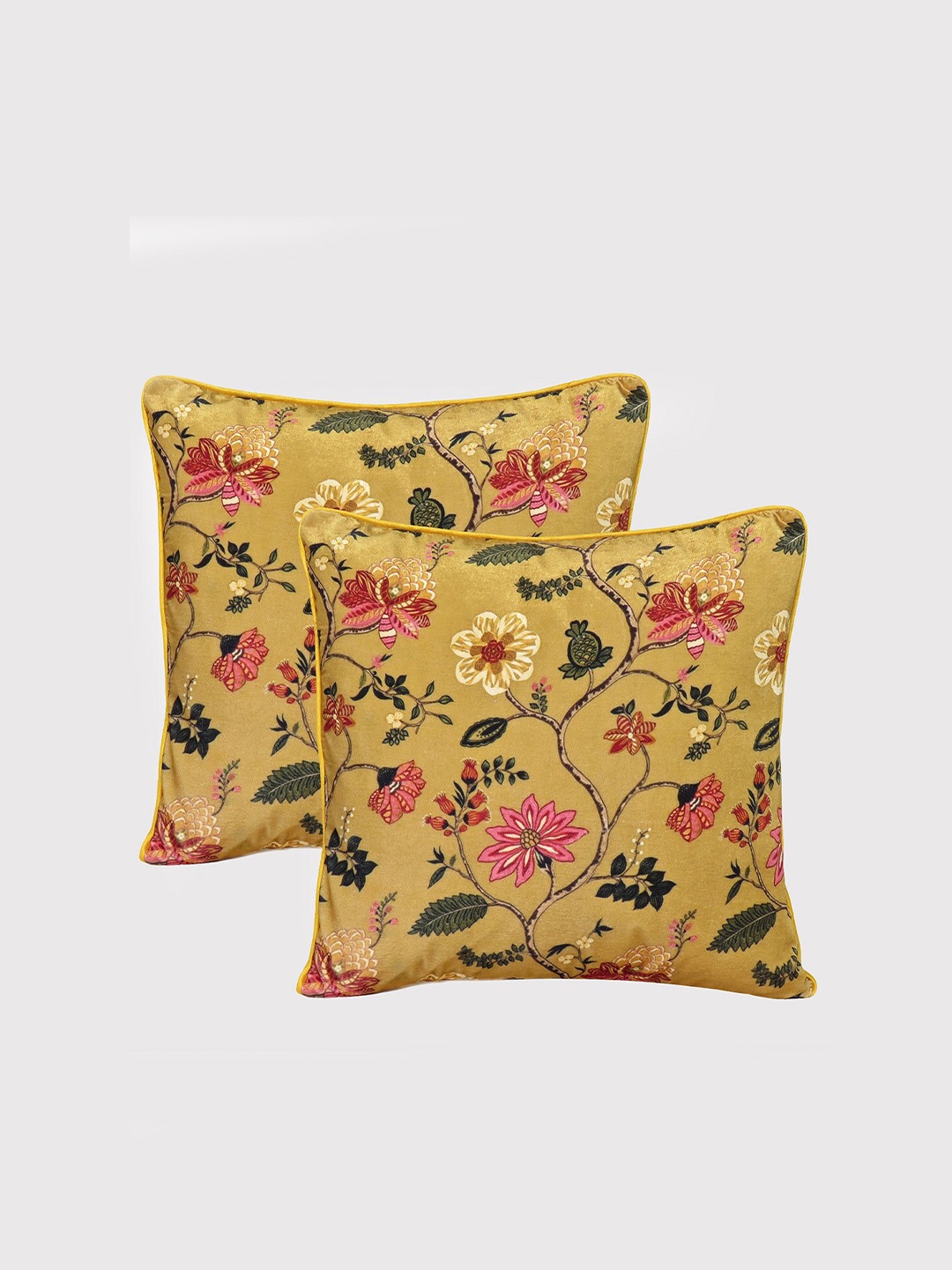 

OUSSUM Yellow & Pink Set of 2 Floral Velvet Square Cushion Covers