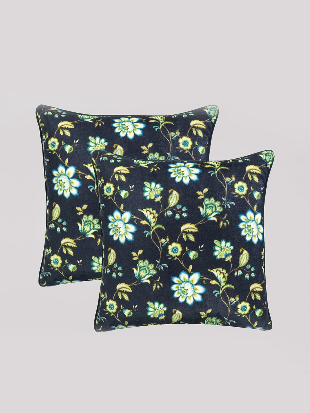 

OUSSUM Black & Green Set of 2 Floral Velvet Square Cushion Covers