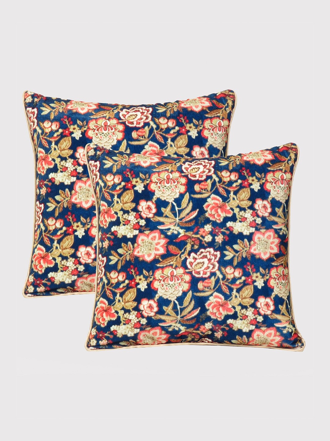 

OUSSUM Blue & Red Set of 2 Floral Velvet Square Cushion Covers