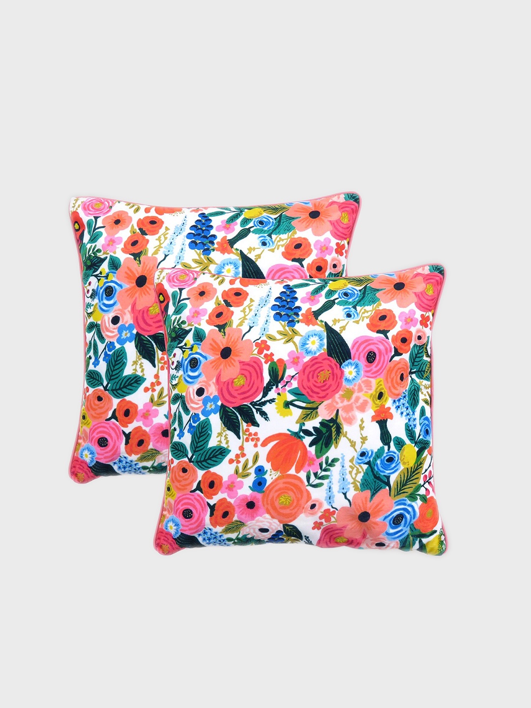 

OUSSUM Pink & Blue Set of 2 Floral Velvet Square Cushion Covers