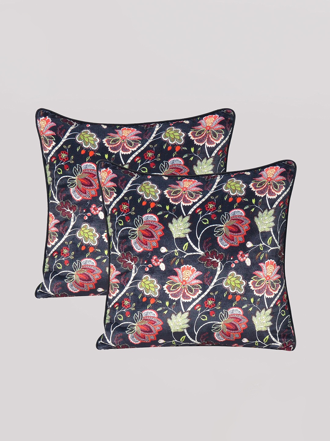 

OUSSUM Black & Green Set of 2 Floral Velvet Square Cushion Covers