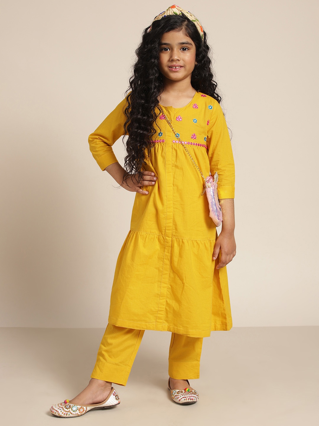 

Sangria Girls Yellow Solid Tiered Pure Cotton Kurta Set With Embroidered Details