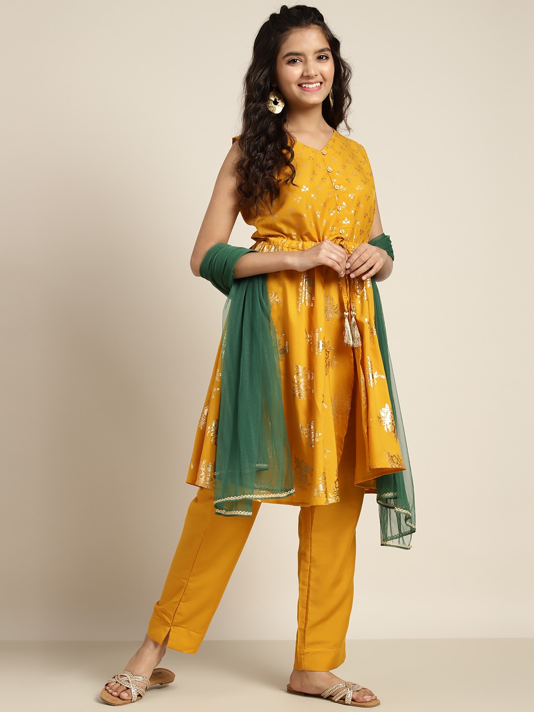 

Sangria Girls Yellow & Golden Ethnic Motifs Print Empire Kurta With Trouser & Dupatta