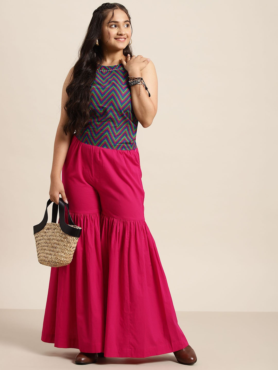 

Sangria Teen Girls Chevron Print Gotta Patti Pure Cotton Top with Sharara, Fuchsia
