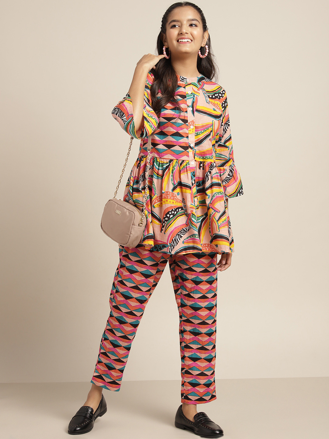 

Sangria Girls Multicoloured Geometric Print Pure Cotton Kurta With Trouser, Multi
