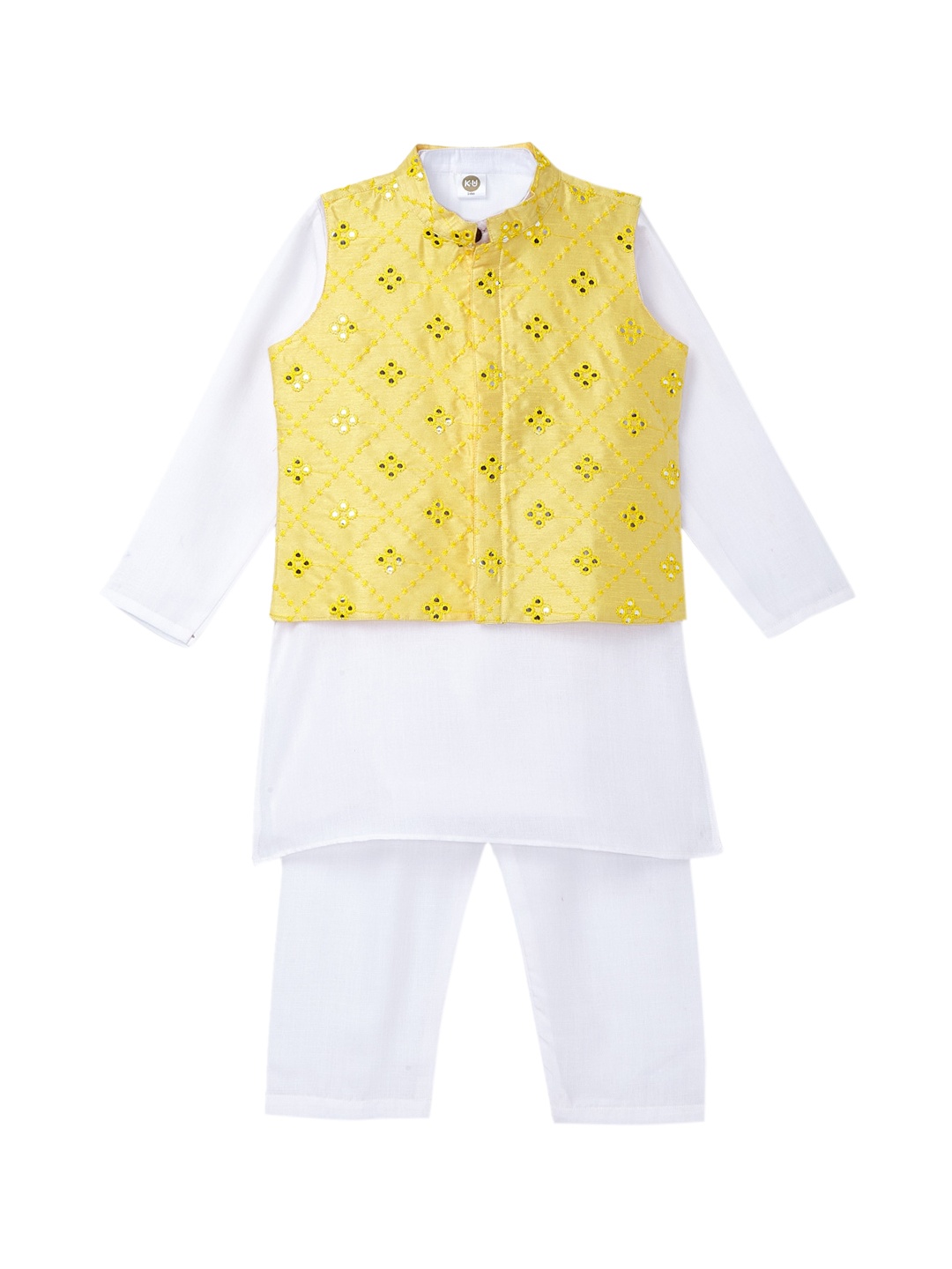 

K&U Boys Solid Cotton Blend Straight Kurta with Pyjamas & Jacket, Off white