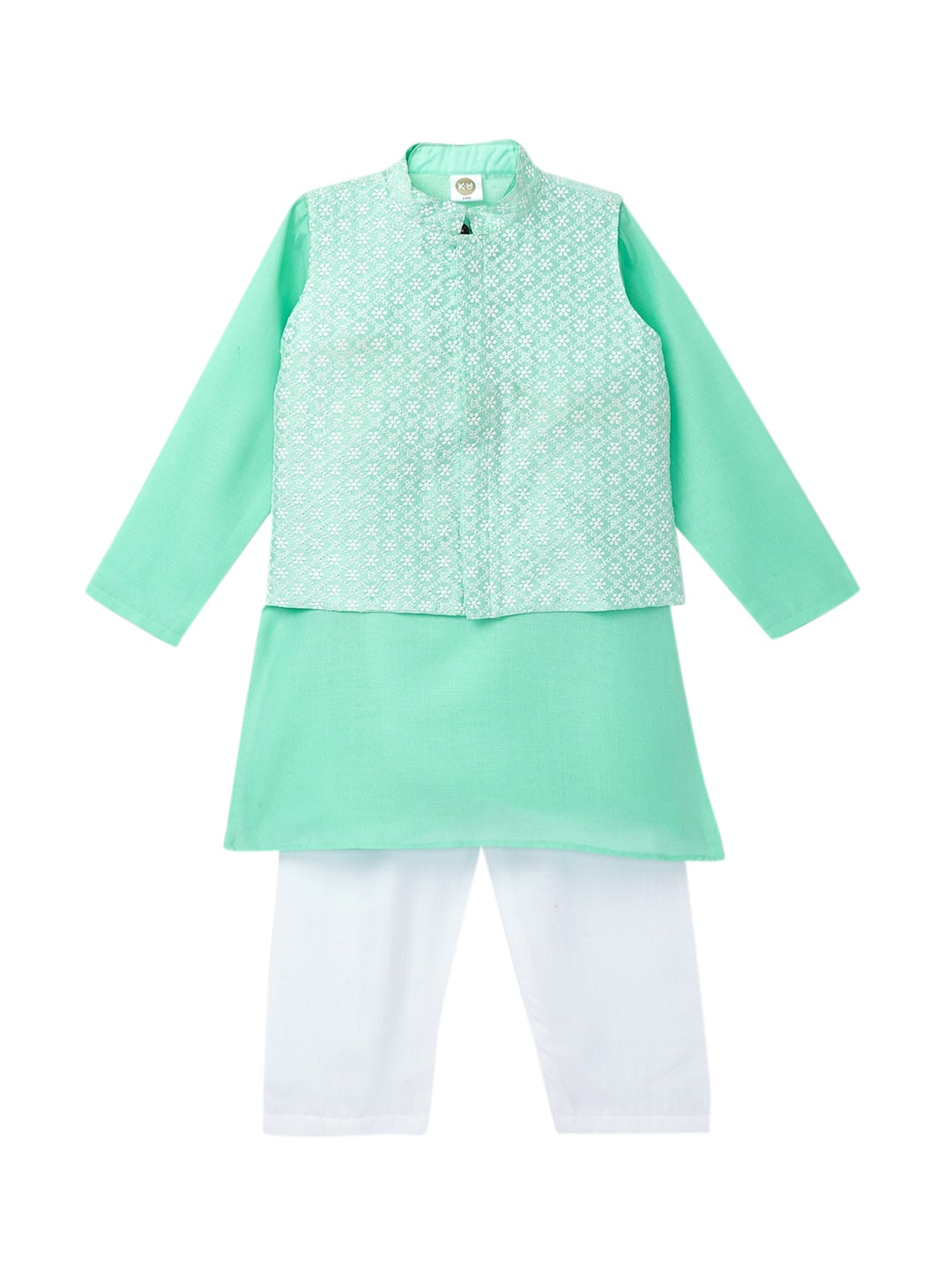 

K&U Boys Solid Cotton Blend Straight Kurta with Pyjamas & With Embroidered Jacket, Sea green