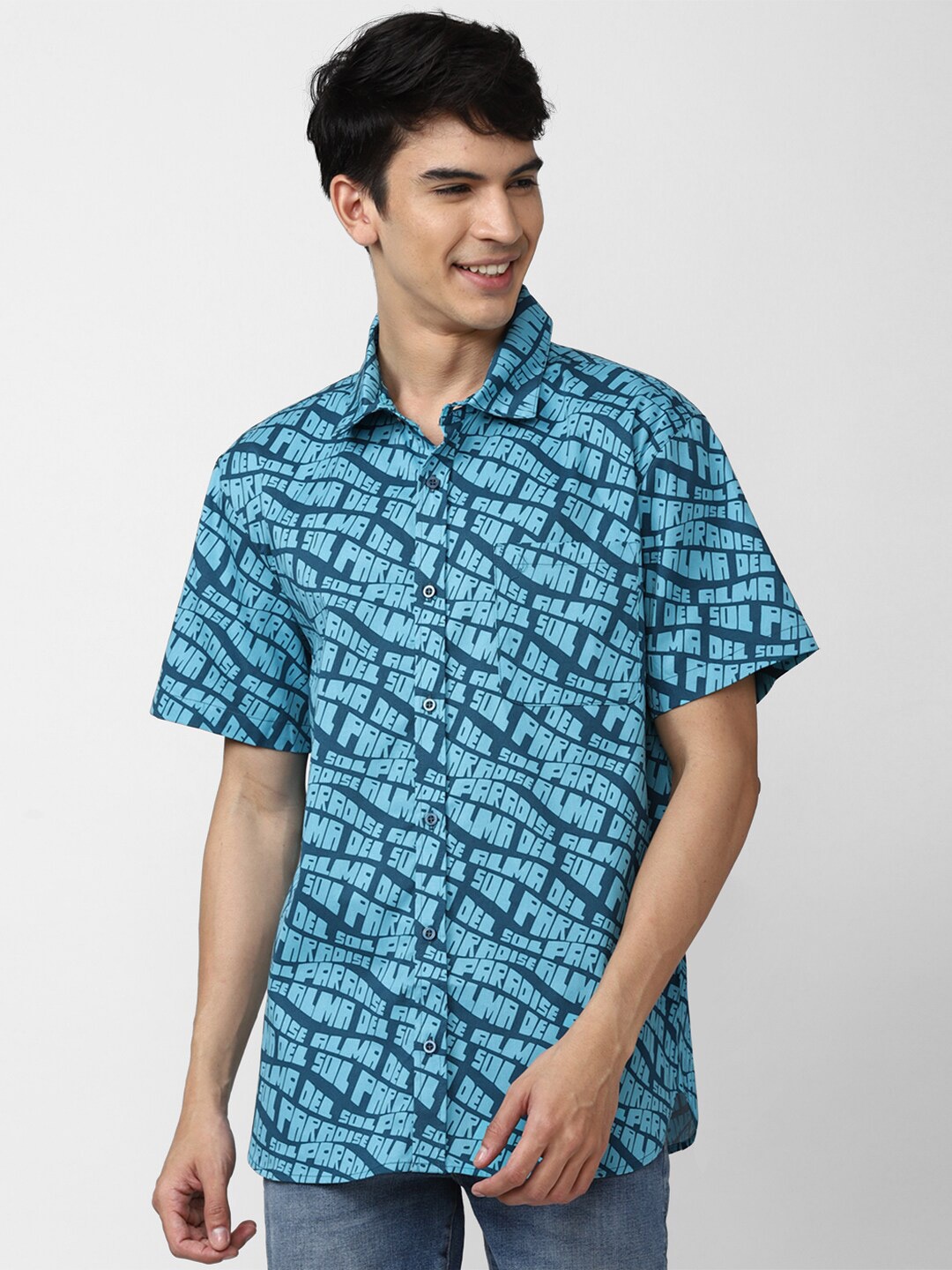 

FOREVER 21 Men Blue Printed Cotton Casual Shirt