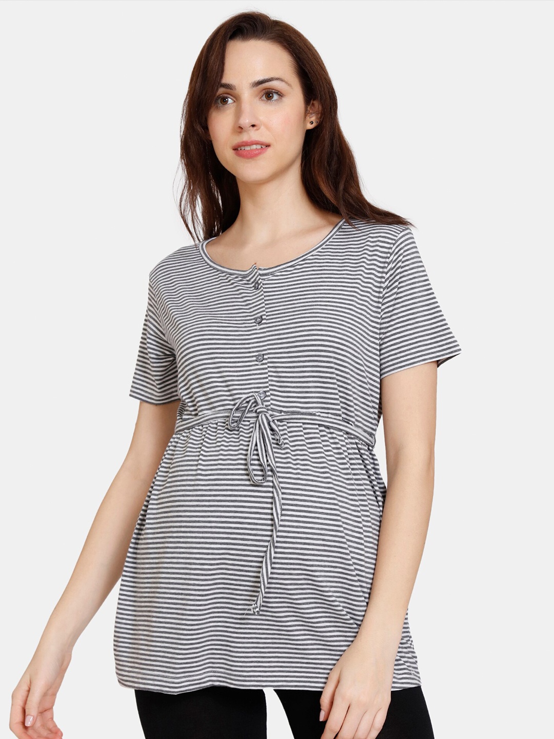 

Coucou by Zivame Women Grey & Off White Striped Maternity Pure Cotton Top