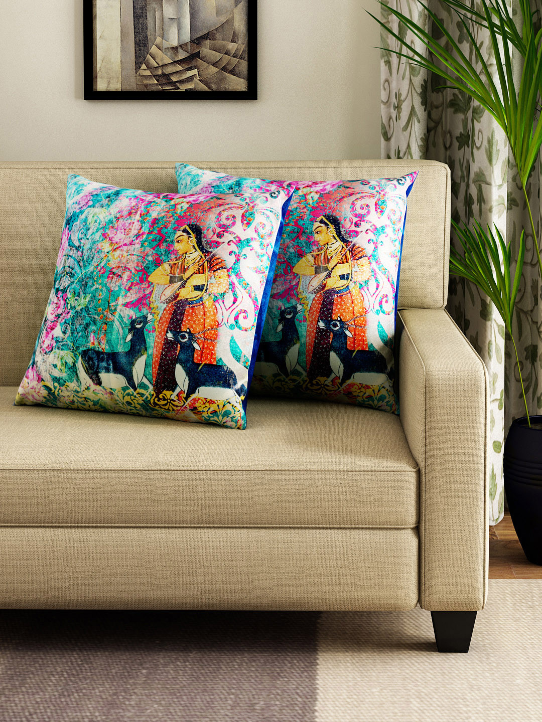 

HOUZZCODE Set of 2 Multicoloured Graphic Print 16" x 16" Square Cushion Covers, Multi