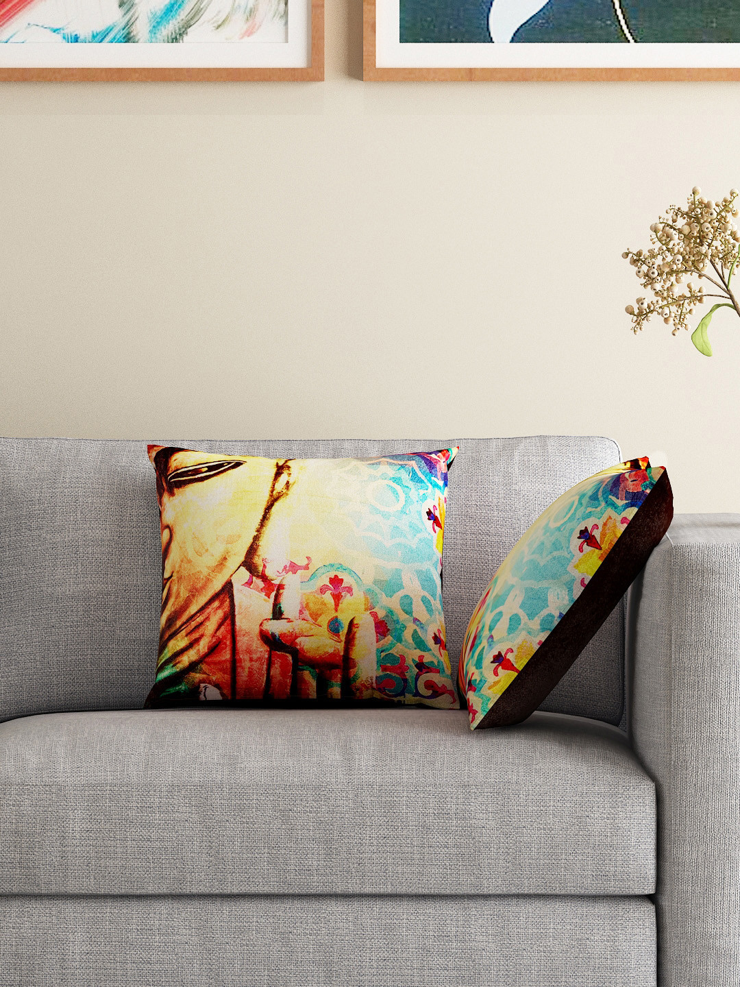

HOUZZCODE Set of 2 Multicoloured Buddha Print 16" x 16" Square Cushion Covers, Multi