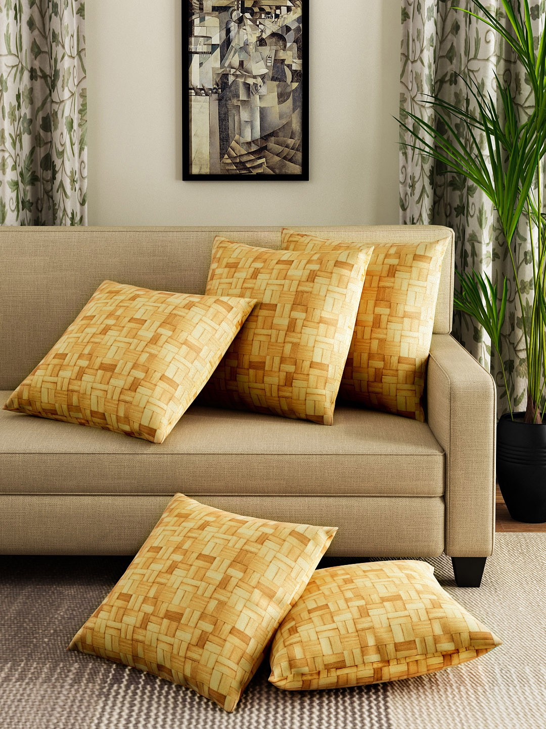 

HOUZZCODE Set of 5 Yellow Box Weave Print 16" x 16" Square Cushion Covers