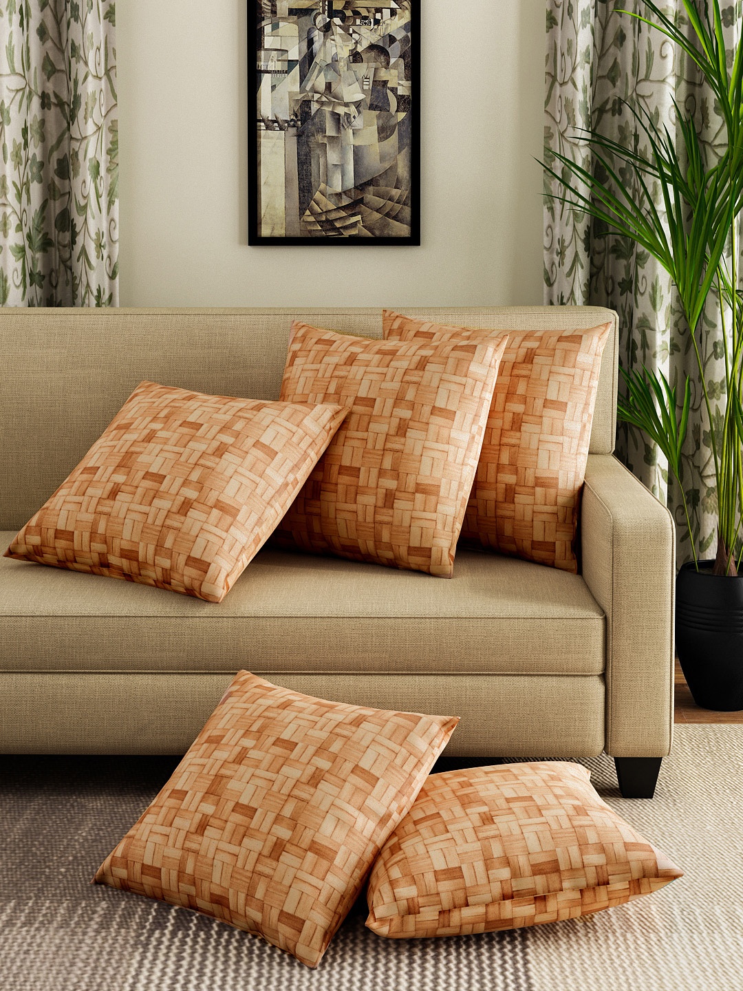 

HOUZZCODE Set of 5 Brown Box Weave Print 16" x 16" Square Cushion Covers