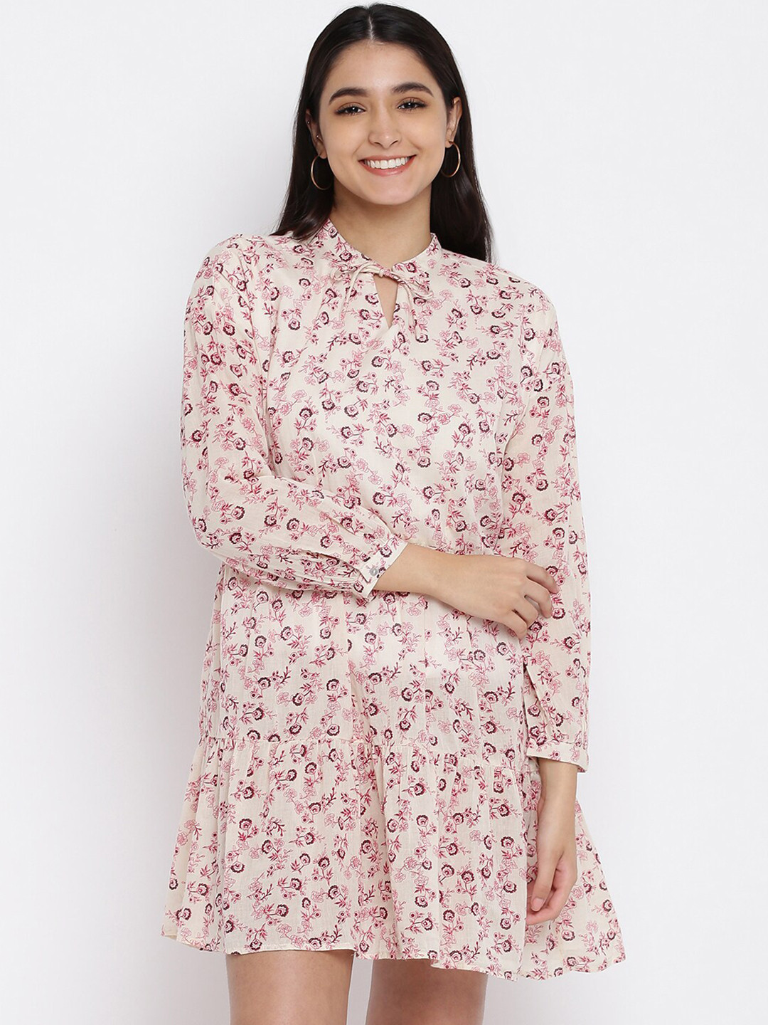

abof Pink Floral Tie-Up Neck A-Line Dress