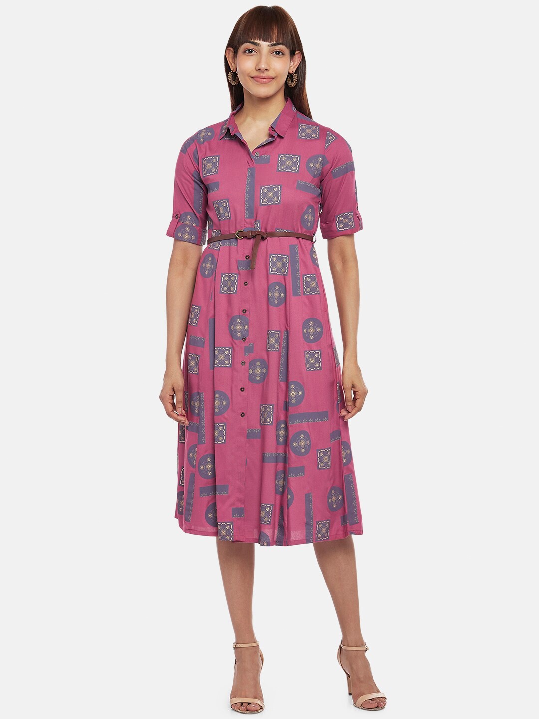 

AKKRITI BY PANTALOONS Women Shirt Style Floral Midi Dress, Pink