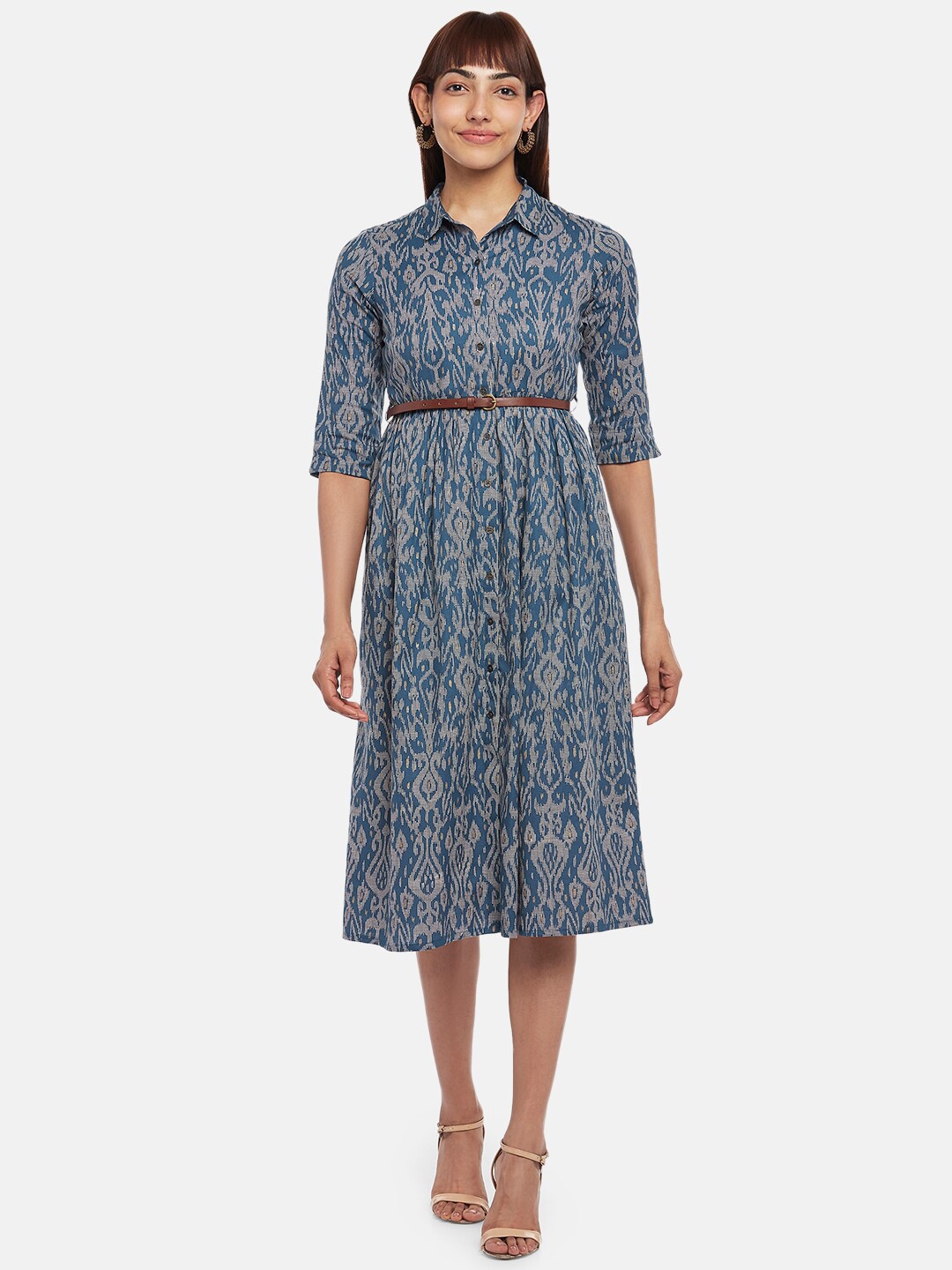 

AKKRITI BY PANTALOONS Blue Ethnic Motifs Shirt Midi Dress