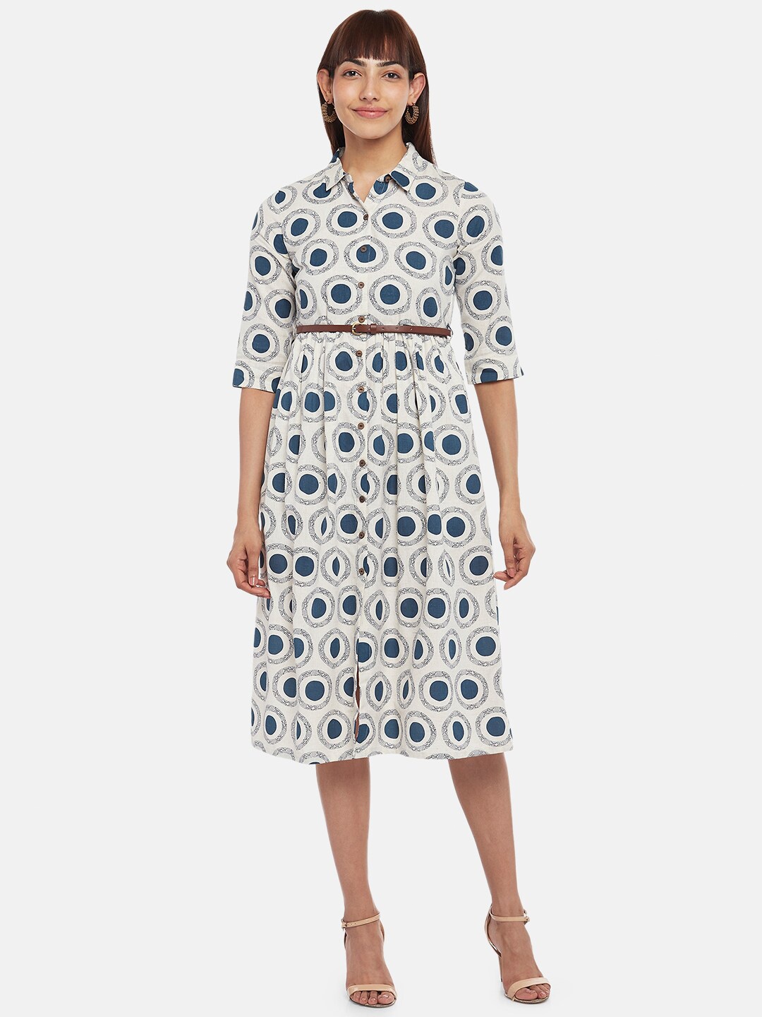 

AKKRITI BY PANTALOONS Women Shirt Style Ethnic Motifs Midi Dress, Off white