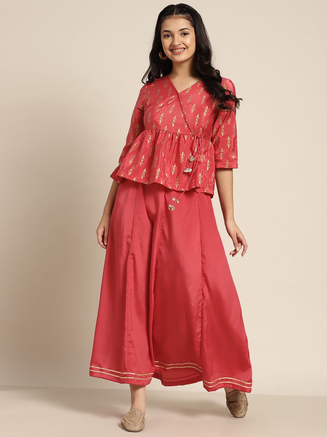 

Sangria Teen Girls Pink & Golden Ethnic Motifs Print Ready to Wear Lehenga Choli