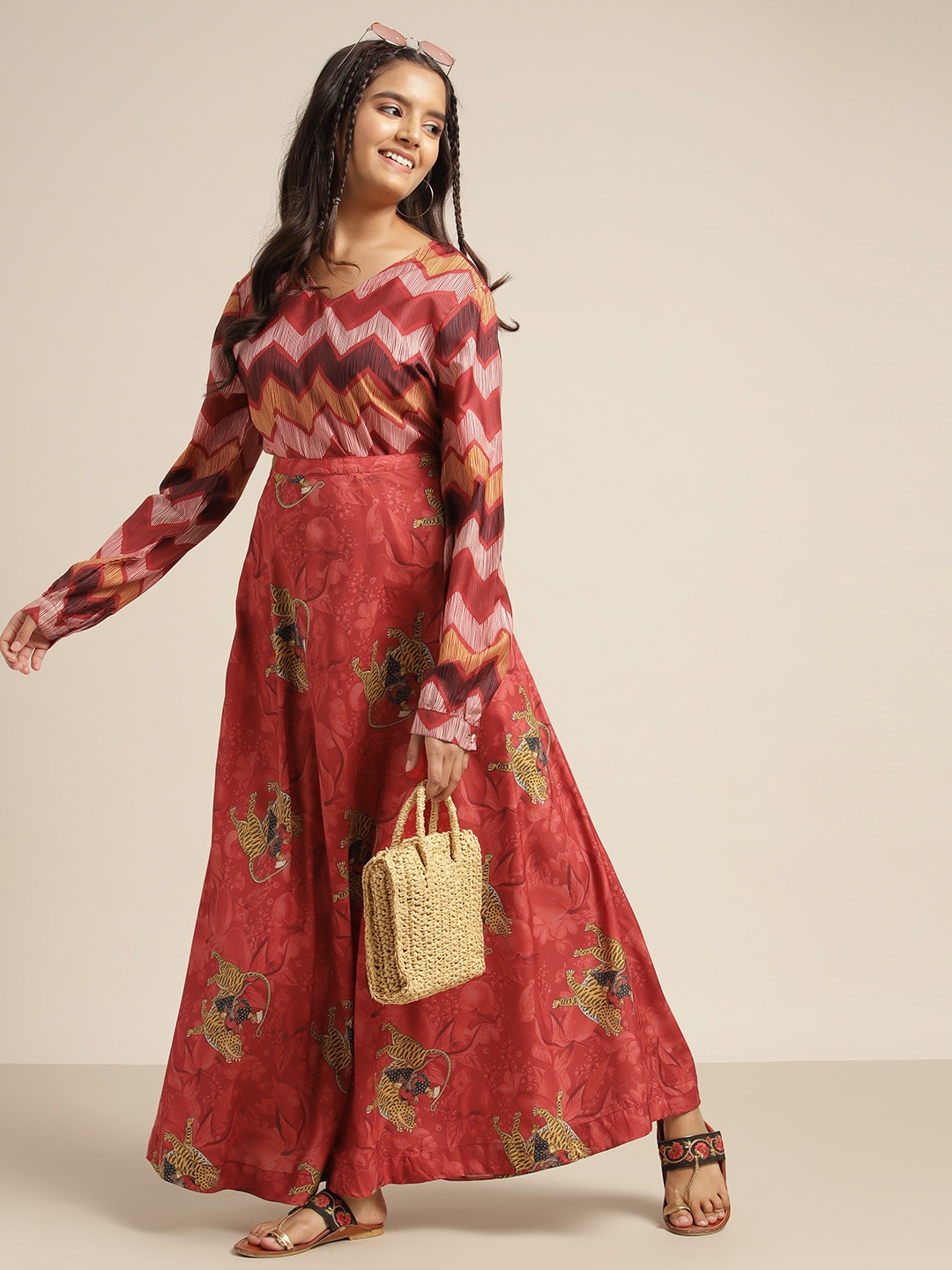 

Sangria Girls Maroon & Yellow Chevron Printed Ready to Wear Lehenga & Choli, Red