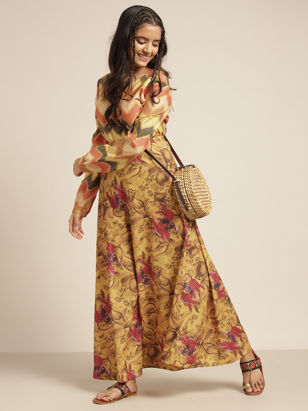 

Sangria Girls Yellow & Red Chevron Printed Ready to Wear Lehenga & Choli