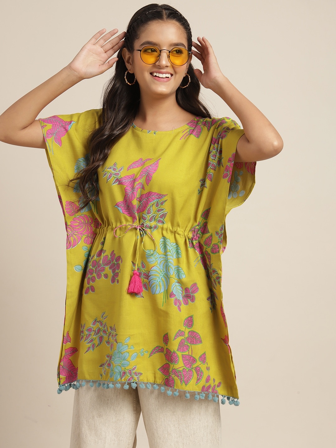 

Sangria Teen Girls Mustard Yellow & Blue Tropical Print Kaftan Top