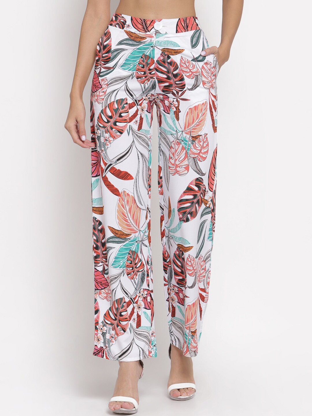 

YOONOY Women White & Maroon Floral Printed Organic Cotton Trousers