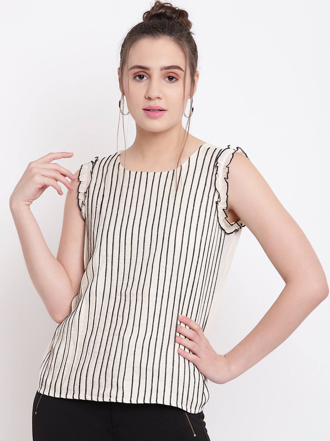 

Be Indi Cream-Coloured Striped Pure Cotton Top