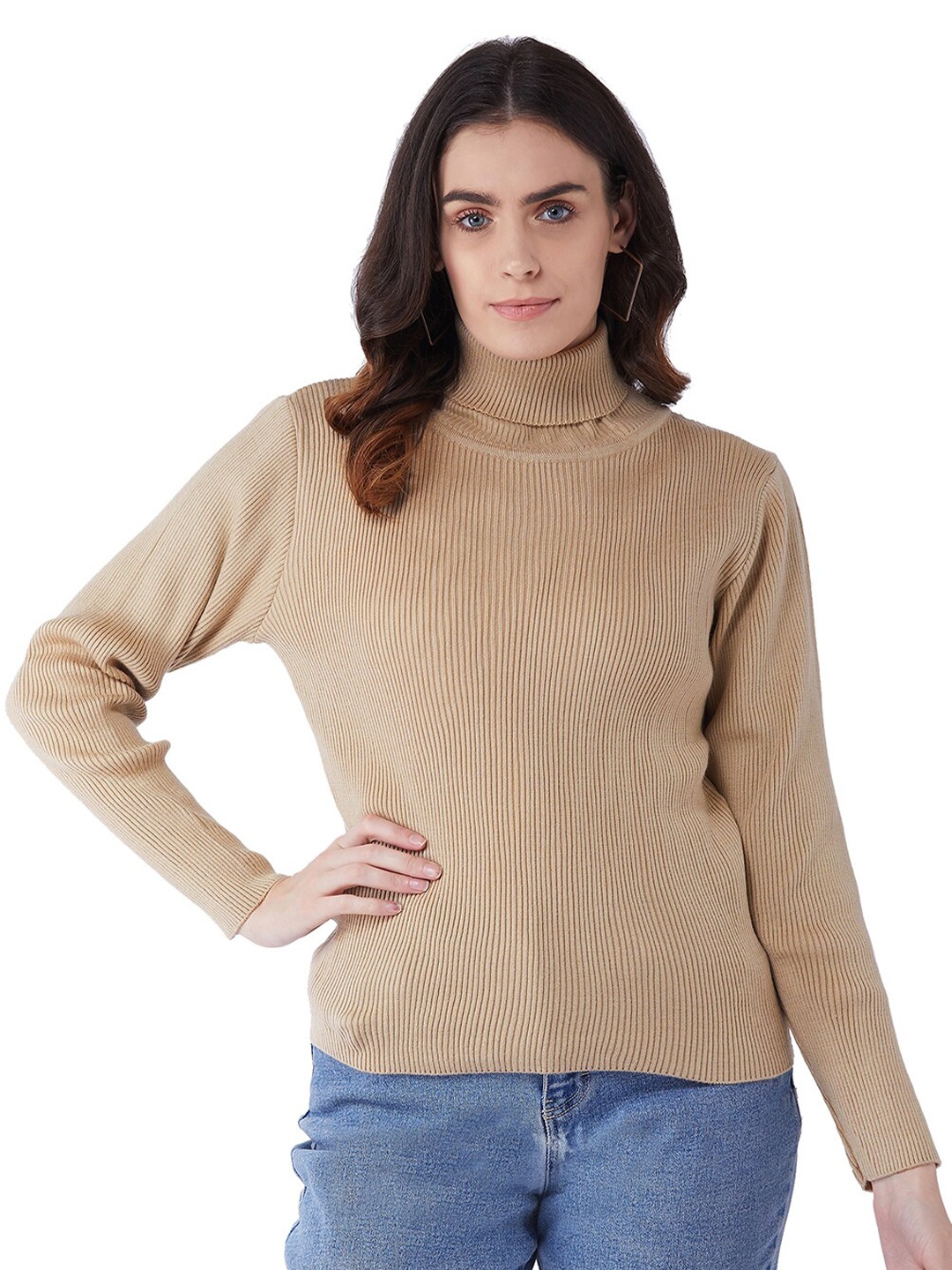 

RVK Women Beige Ribbed Acrylic Pullover Sweater