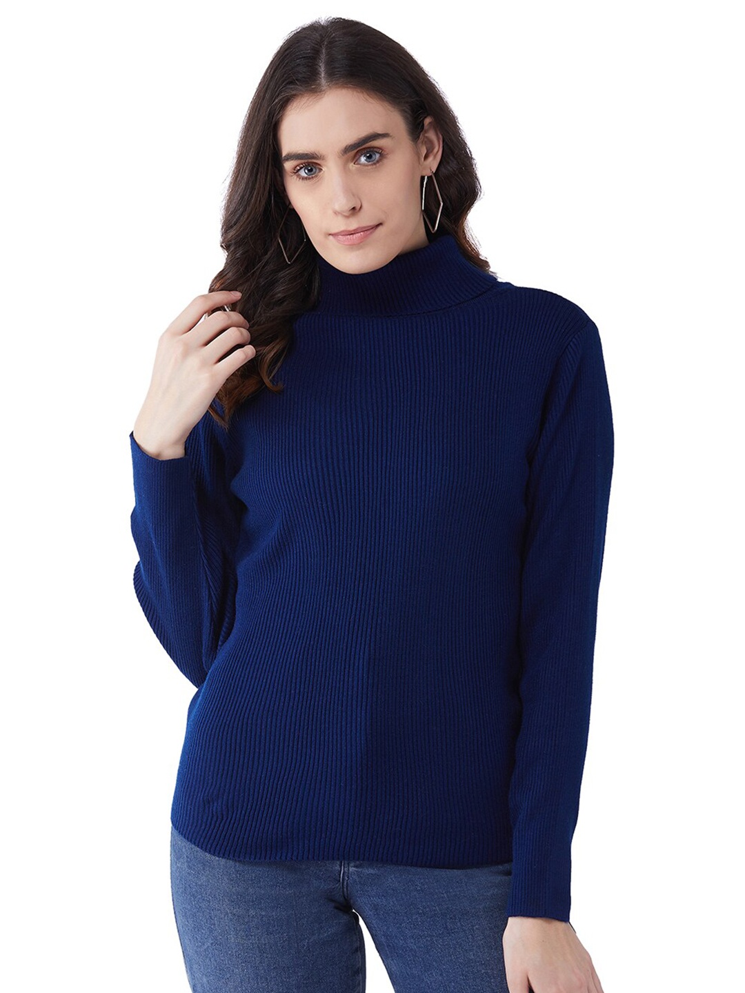 

RVK Women Navy Blue Ribbed Pullover