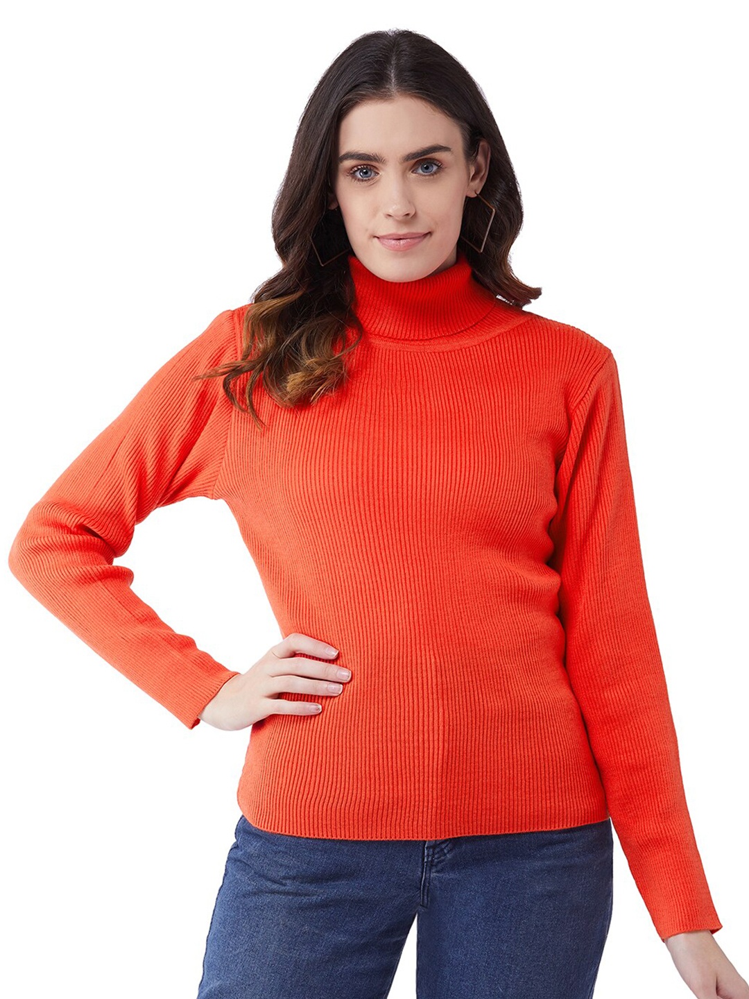 

RVK Women Orange Ribbed Acrylic Pullover Sweater