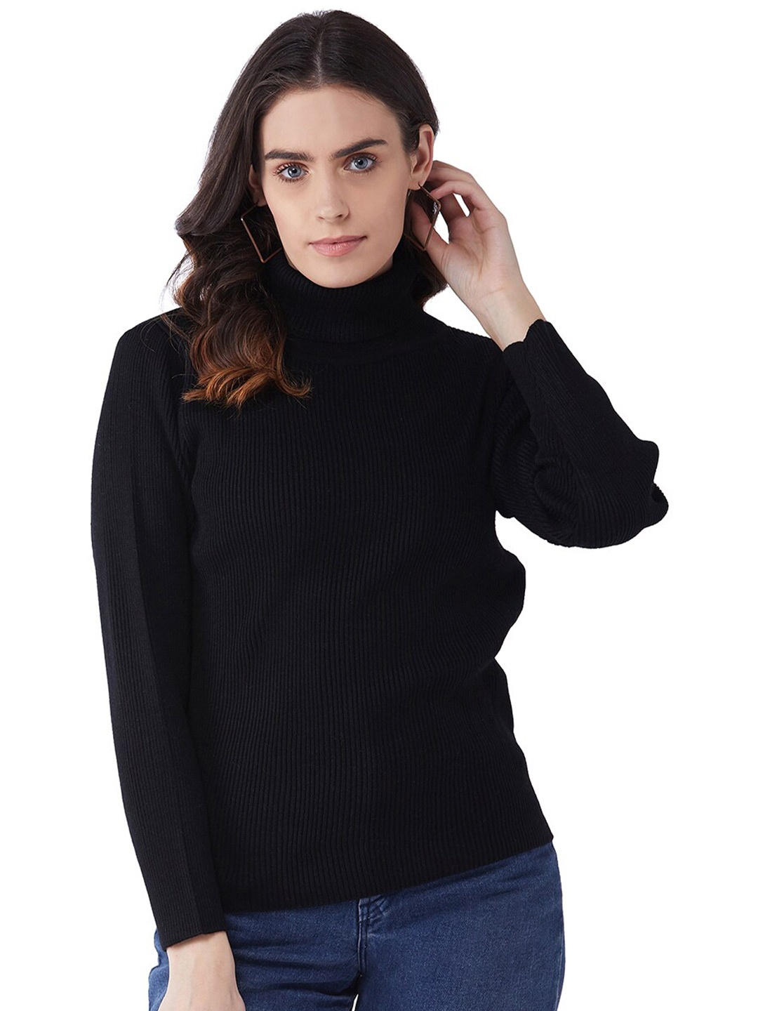 

RVK Women Black Ribbed Acrylic Pullover Sweater