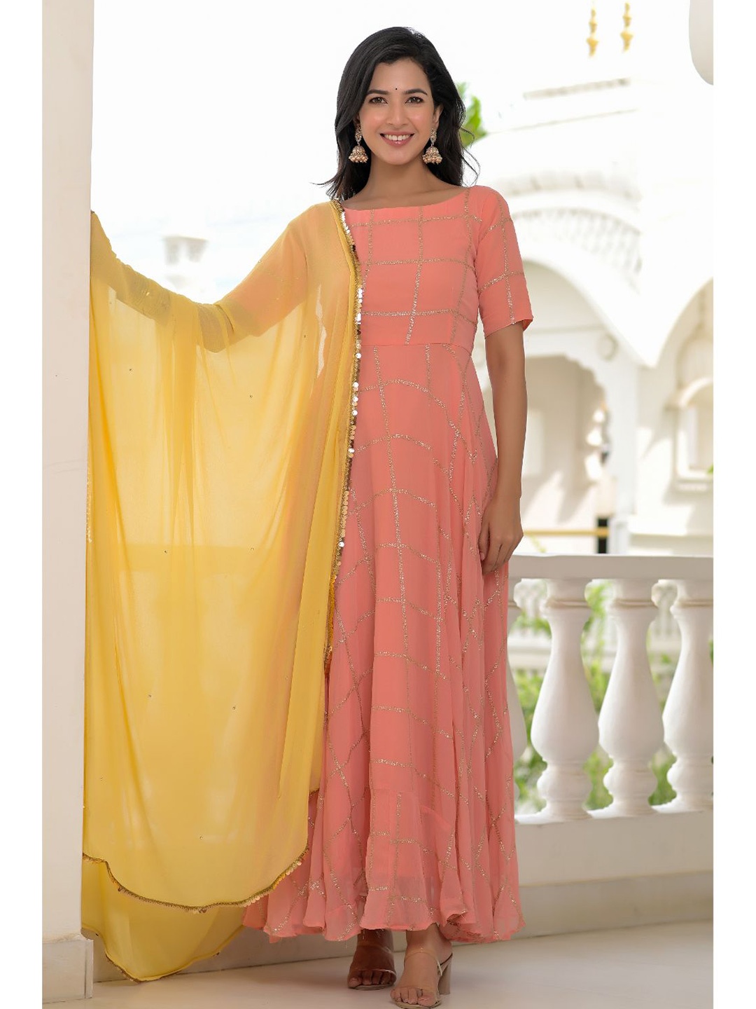 

Rangpur Women Georgette Ethnic Maxi Dress, Peach