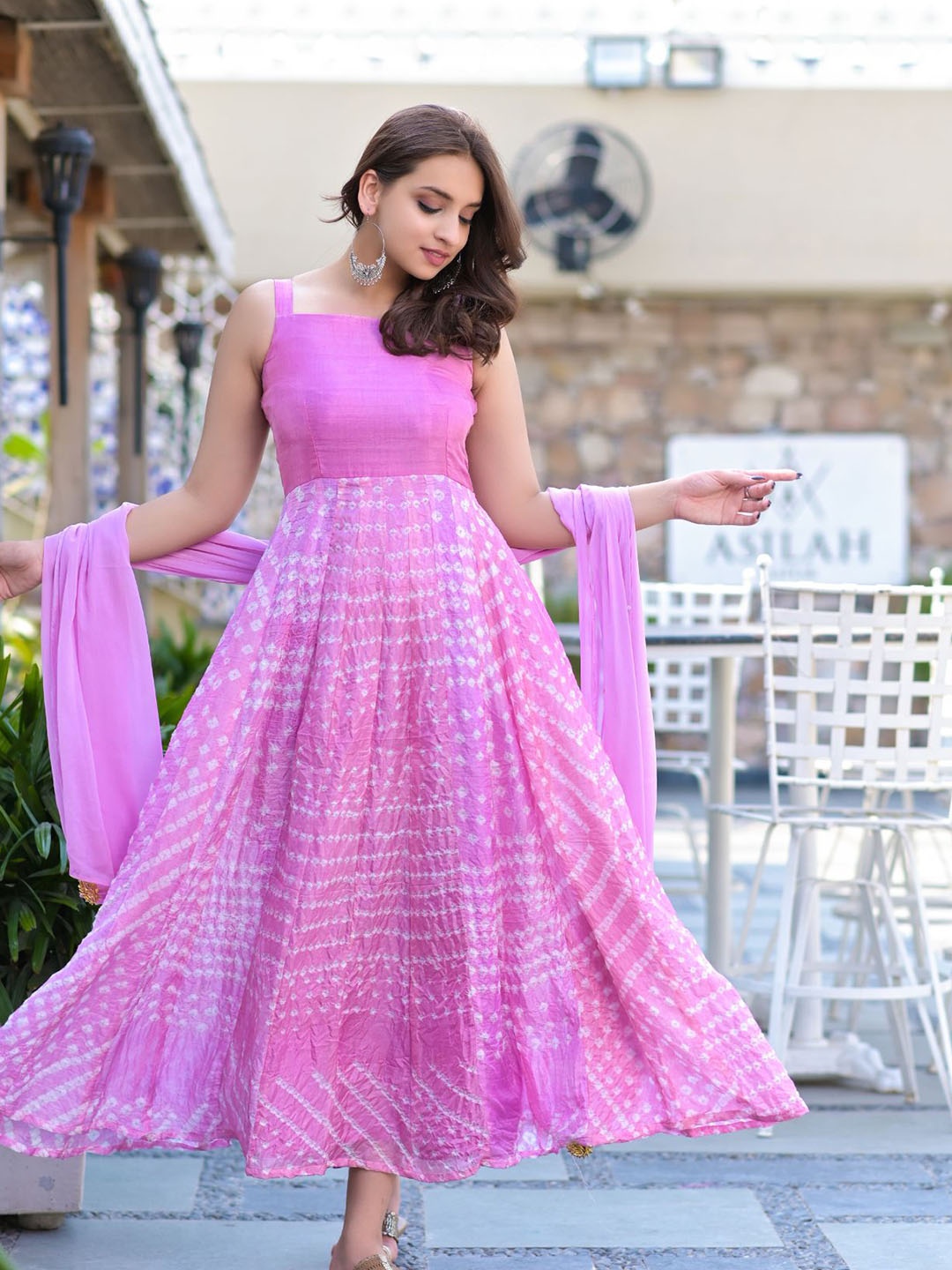 

Rangpur Bandhani Ethnic Maxi Dress With Dupatta, Pink