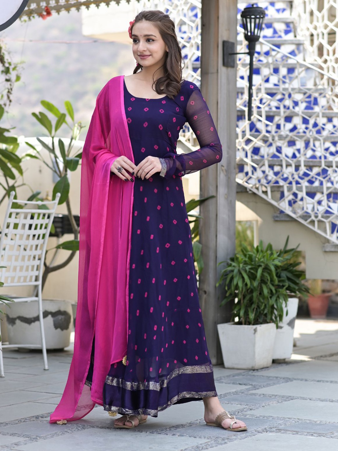 

Rangpur Purple Floral Georgette Ethnic Maxi Ethnic Dress