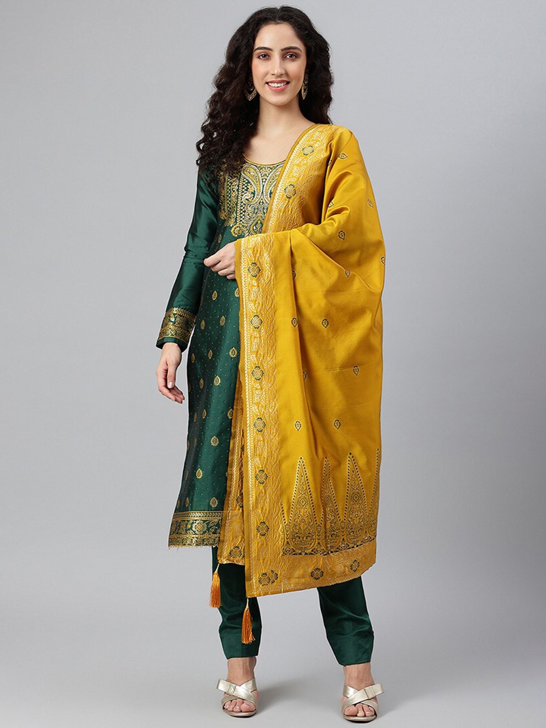 

cbazaar Green & Mustard Unstitched Dress Material