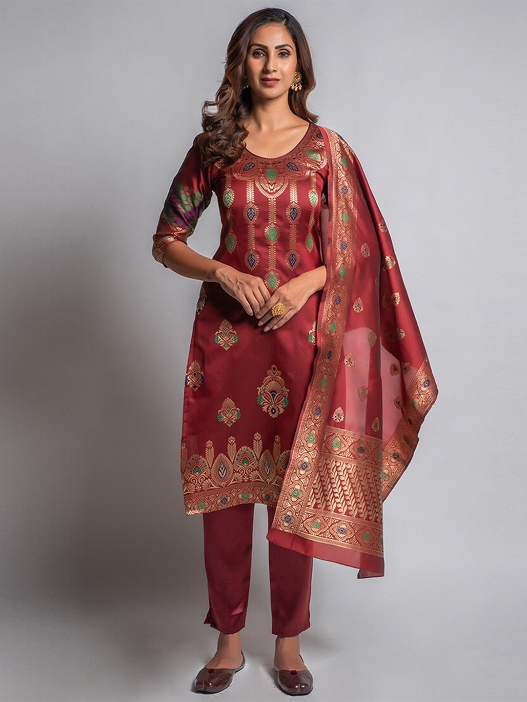 

cbazaar Maroon & Green Unstitched Dress Material